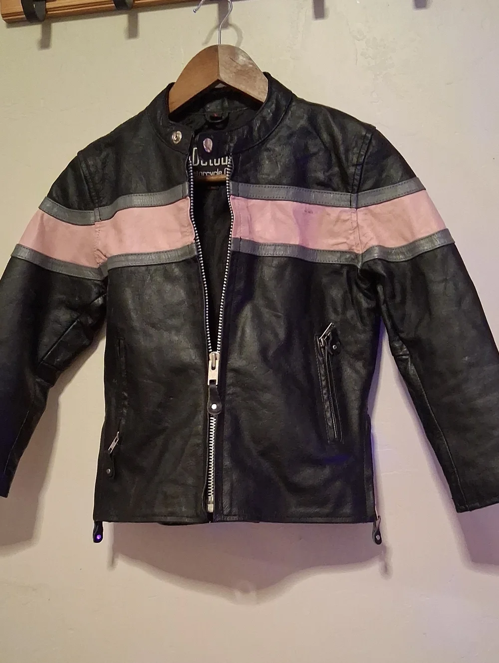Kids Black and Pink Moto-Style Puffer Jacket 100% Leather